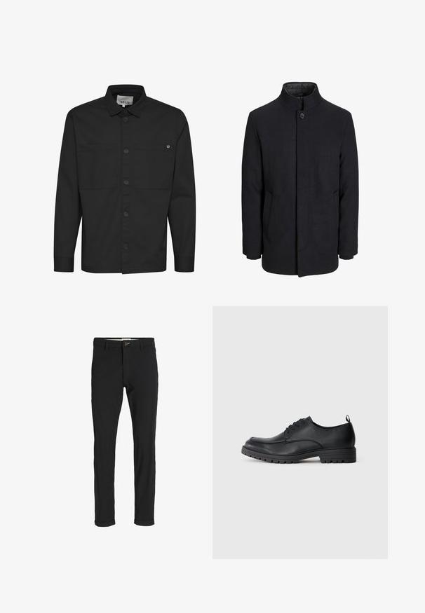 Pánský černý vlněný kabát s vysokým límcem, skrytým zipem, zapínáním na jeden knoflík a bočními kapsami.; Černá dlouhá košile s dlouhými rukávy, předním zapínáním na knoflíky, dvěma náprsními kapsami a špičatým límcem. Vyrobeno z hladké látky s matným povrchem.; Černé kalhoty z bavlněné směsi s úzkým střihem, s knoflíkovým zapínáním, kapsami a ohrnutými manžetami pro uvolněný vzhled.; Černé kožené společenské boty s hladkým povrchem, kulatou špičkou, šněrováním a pevným gumovým podpatkem s drážkovaným vzorem.