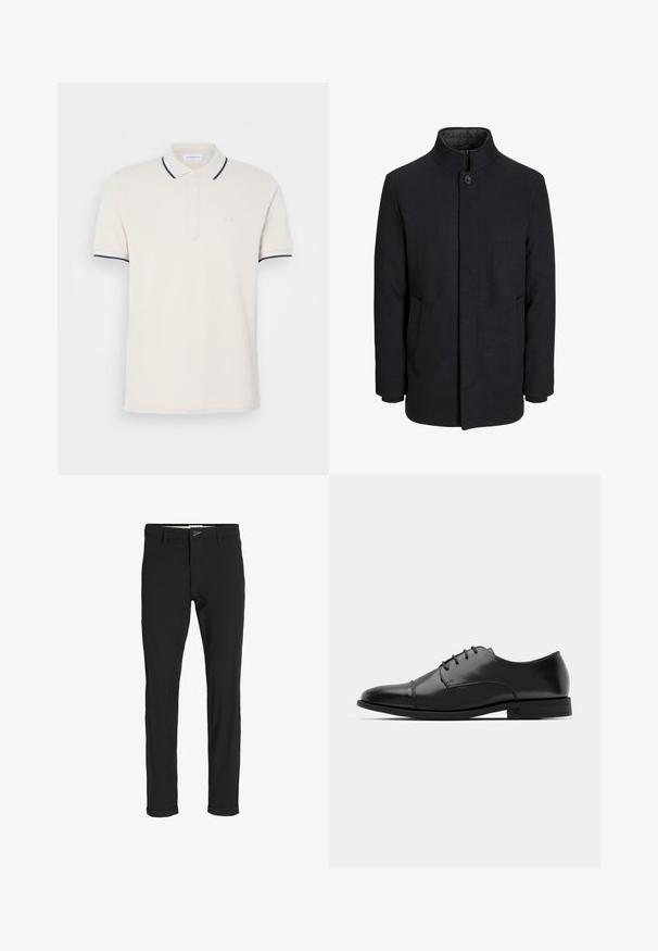 Pánsky čierny vlnový kabát s vysokým golierom, skrytým zipsom, jedným gombíkom a bočnými vreckami.; Krémová polo košela s trojitou patentkou, krátkymi rukávmi a námorníckymi modrými akcentmi na golieri a rukávoch. Mäkká bavlnená zmes.; Čierne nohavice z bavlneného zmesi so štíhlym strihom, s gombíkovým zapínaním, vreckami a založenými manžetami pre ležérny vzhľad.; Čierne kožené spoločenské topánky s okrúhlou špičkou, šnurovací dizajn, jemné prešívanie a nízky podpätok. Hladká štruktúra s lesklým povrchom.