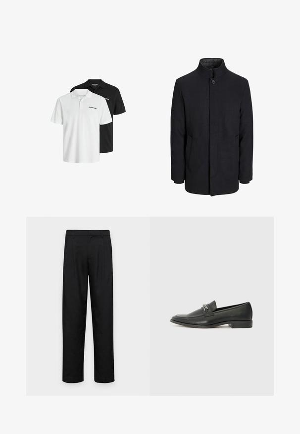 Manteau en laine noir pour homme avec col haut, fermeture éclair dissimulée, fermeture à un bouton et poches latérales.; Deux polos à manches courtes en noir et blanc, fabriqués en coton avec une finition texturée subtile ; dotés d'un col et d'un accent de logo.; Pantalons noirs en tissu lisse, avec une coupe droite, deux plis avant et une taille standard avec passants de ceinture.; Mocassin en cuir noir avec une finition lisse, présentant un design cousu et une accent décoratif en chaîne métallique sur le rand. Talon plat.