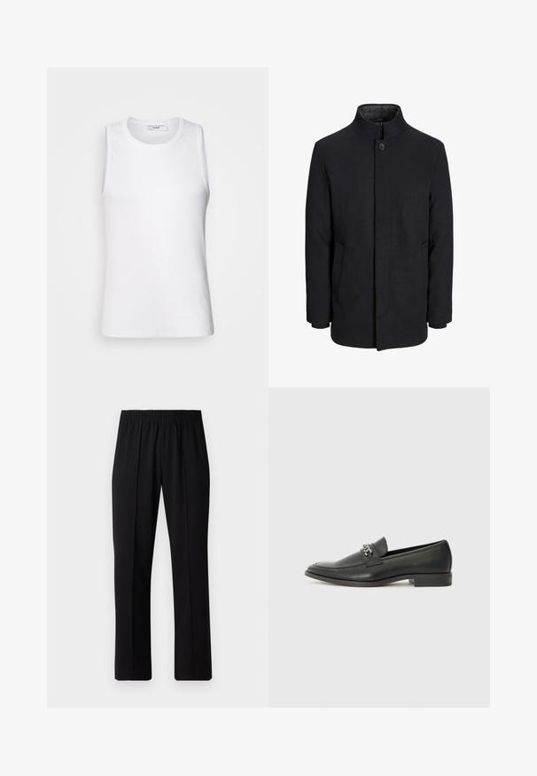 Pánský černý vlněný kabát s vysokým límcem, skrytým zipem, zapínáním na jeden knoflík a bočními kapsami.; Bílý bezrukávový top vyrobený z hladké látky, s kulatým výstřihem a přiléhavým střihem, vhodný na vrstvení nebo nošení samostatně.; Černé kalhoty s elastickým pasem a rovnými nohavicemi, s hladkým povrchem a bez viditelných vzorů nebo kovových doplňků.; Černé kožené mokasíny s hladkým povrchem, s prošívaným designem a dekoračním kovovým řetízkem přes nárt. Plochý podpatek.