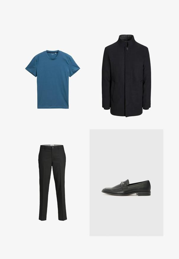 Herre sort uldfrakke med høj krave, skjult lynlås, enkelt knaplukning og sidelommer.; Kortærmet t-shirt i dyb teal, lavet af blød bomuld. Har en rund halsudskæring og en glat, jævn tekstur med enkle syninger.; Sorte bukser, skræddersyet pasform, glat stof, mellemhøj talje, frontknaplukning, skrå lommer og pressefoldsdetaljer ned ad benene.; Sorte læder loafers med en glat finish, der har et syet design og et dekorativt metal kædeaccent hen over vamps. Flad hæl.