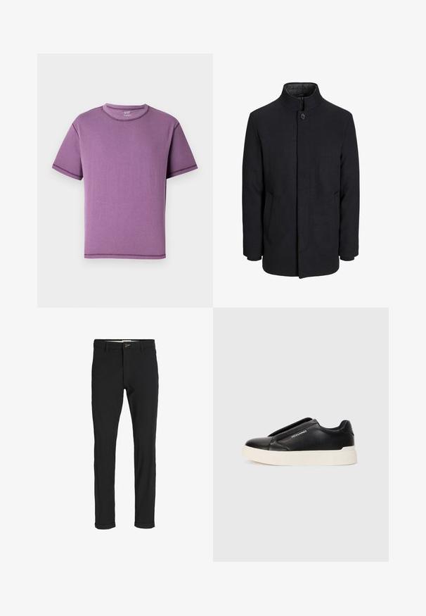 Meeste must villane mantel kõrge kraega, peidetud tõmblukk, ühe nööbiga kinnitamine ja küljetaskud.; Lilla lühikeste varrukatega T-särk, mis on valmistatud pehmest puuvillast, ümarate kaelustega ning vastandavate õmblustega õmblustel.; Mustast puuvillasegustest pükstest õhukese lõikega, milles on nööbikinnitus, taskud ja keeratud sääred, et saavutada lõdva lõppviimistluse.; Must musta kingad tekstureeritud nahast pealmise osaga, valge kummist tallaga ja nähtamatute paeltega. Küljel on brändi logo.