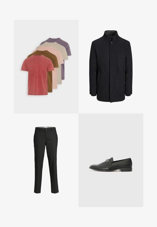 Men's black wool coat with high collar, concealed zipper, single button closure, and side pockets.; Set of five short-sleeve cotton t-shirts in varying muted colors: red, brown, pink, beige, and purple. Each features a crew neckline.; Black trousers, tailored fit, smooth fabric, mid-rise waist, front button closure, diagonal pockets, and crease detailing down the legs.; Black leather loafer with a smooth finish, featuring a stitched design and a decorative metal chain accent across the vamp. Flat heel.
