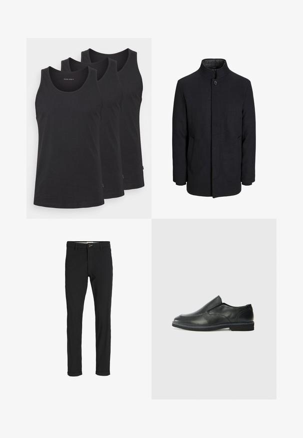 Men's svart ullfrakk med høy krage, skjult glidelås, en knapp lukking og sidelommer.; Svarte bomullstanker i et sett med tre. Har rund utrigning, er ermeløs og har rett fald. Glatt tekstur, minimal merking.; Svart bomullsblandingsbukser med smal passform, med knappelukking, lommer og rullede mansjetter for en avslappet finish.; Sorte skinn slip-on sko med en jevn overflate, stikking detaljer, rund tå og en lav gummihæl. Sålen har minimal mønstring.