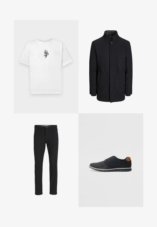 Men's black wool coat with high collar, concealed zipper, single button closure, and side pockets.; White cotton t-shirt with short sleeves and a crew neckline, featuring a black graphic design at the center showing abstract elements.; Black cotton blend pants with a slim fit, featuring a button closure, pockets, and rolled cuffs for a casual finish.; Black synthetic shoes with a textured upper, smooth accents, brown heel, and a contrasting sole. Features minimal lacing and stitch details.