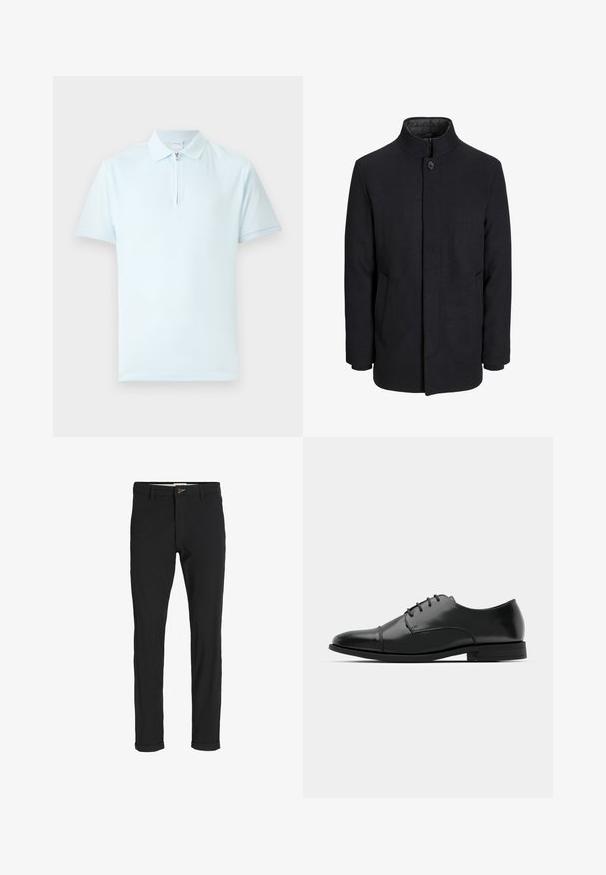 Vīriešu melns vilnas mētelis ar augstu apkakli, slēptu rāvējslēdžu, vienu pogu aizdari un sānu kabatām.; Gaišblue polo krekls, izgatavots no mīksta auduma, ar rāvējslēdzēja apkakli un īsām piedurknēm ar ribota malas. Vienkāršs, minimālisma dizains.; Melnas kokvilnas maisījuma bikses ar šauru piegriezumu, ar pogu aizdari, kabatām un rullētām piedurknēm ikdienišķam izskatam.; Melnas ādas vadmalas kurpes ar noapaļotu purngalu, saistījuma dizains, smalkas izšuvumu detaļas un zema papēža. Gluda tekstūra ar spīdīgu apdari.