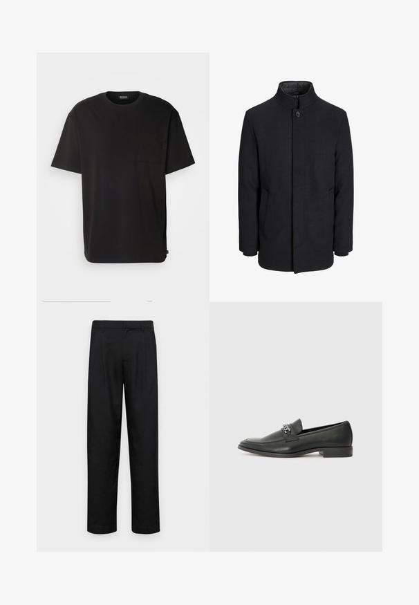 Vīriešu melns vilnas mētelis ar augstu apkakli, slēptu rāvējslēdžu, vienu pogu aizdari un sānu kabatām.; Melns īsām piedurknēm T-krekls, kas izgatavots no kokvilnas. Iezīmēts ar krūšu kabatu un brīvu piegriezumu. Vienkāršs dizains bez redzamām rakstiem vai akcentiem.; Melnas bikses, izgatavotas no gludas auduma, ar taisnu kāju dizainu, divām priekšējām krokām un standarta jostu, kurai ir āķi.; Melna ādas loafer izmēra apavi ar gludu virsmu, piedāvā ar šūtu dizainu un dekoratīvu metāla ķēdes akcentu pār vampu. Plakana papēža daļa.