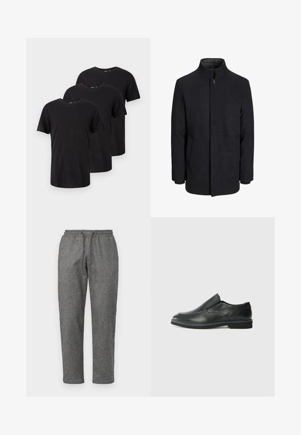 Men's black wool coat with high collar, concealed zipper, single button closure, and side pockets.; Three plain black short-sleeve crew neck t-shirts, arranged in a staggered overlapping layout on a white background.; Gray, knitted sweatpants with a drawstring waistband, tapered legs, and a subtle textured pattern throughout the fabric.; Black leather slip-on shoe with a smooth upper, stitched accents, rounded toe, and a low rubber heel. Sole features minimal tread.