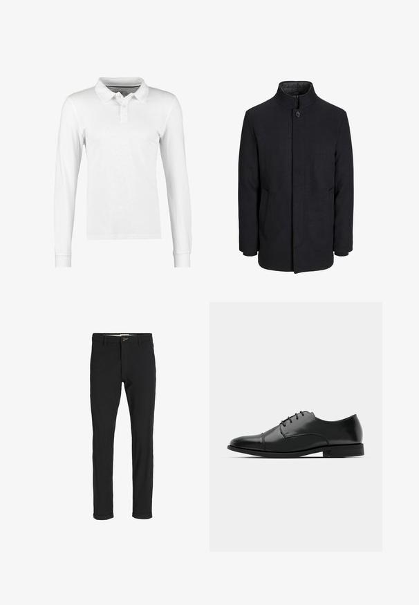 Pánský černý vlněný kabát s vysokým límcem, skrytým zipem, zapínáním na jeden knoflík a bočními kapsami.; Bílá polo košile s dlouhým rukávem z bavlny, s límečkem, třemi knoflíky a hladkým povrchem bez vzorů nebo ozdob.; Černé kalhoty z bavlněné směsi s úzkým střihem, s knoflíkovým zapínáním, kapsami a ohrnutými manžetami pro uvolněný vzhled.; Černé kožené společenské boty s kulatou špičkou, šněrováním, jemnými švy a nízkým podpatkem. Hladký povrch s lesklým finišem.