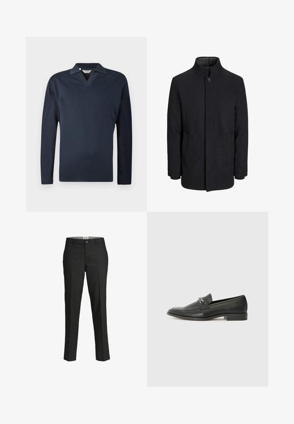Vīriešu melns vilnas mētelis ar augstu apkakli, slēptu rāvējslēdžu, vienu pogu aizdari un sānu kabatām.; Jūras zila garām piedurknēm polo krekls ar V veida kakla izgriezumu, izgatavots no mīksta auduma. Iezīmējas ar kontrastējošu apkakli un vienkāršu, tīru dizainu.; Melni bikses, pielāgota piegriezuma, gluda auduma, vidēji augsta josta, priekšējā pogu aizdare, diagonalās kabatas un gurnu daļā ir krokas.; Melna ādas loafer izmēra apavi ar gludu virsmu, piedāvā ar šūtu dizainu un dekoratīvu metāla ķēdes akcentu pār vampu. Plakana papēža daļa.