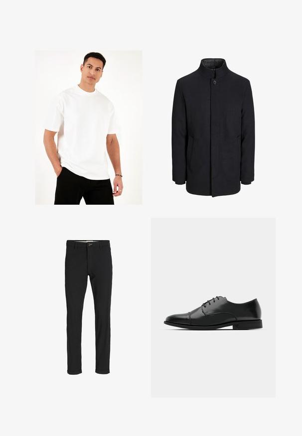 Meeste must villane mantel kõrge kraega, peidetud tõmblukk, ühe nööbiga kinnitamine ja küljetaskud.; Valge ümmarguse kaelusega T-särk, mis on valmistatud kergetest puuvillast. Lühikesed varrukad, mugav lõige ja tasased õmblused. Kantud mustade pükstega, käed taskutes.; Mustast puuvillasegustest pükstest õhukese lõikega, milles on nööbikinnitus, taskud ja keeratud sääred, et saavutada lõdva lõppviimistluse.; Must must esine tugeva varbaga, luku kinnitusega, peente õmblustete detailidega ja madala kontsaga. Sile tekstuur ja poleeritud viimistlus.