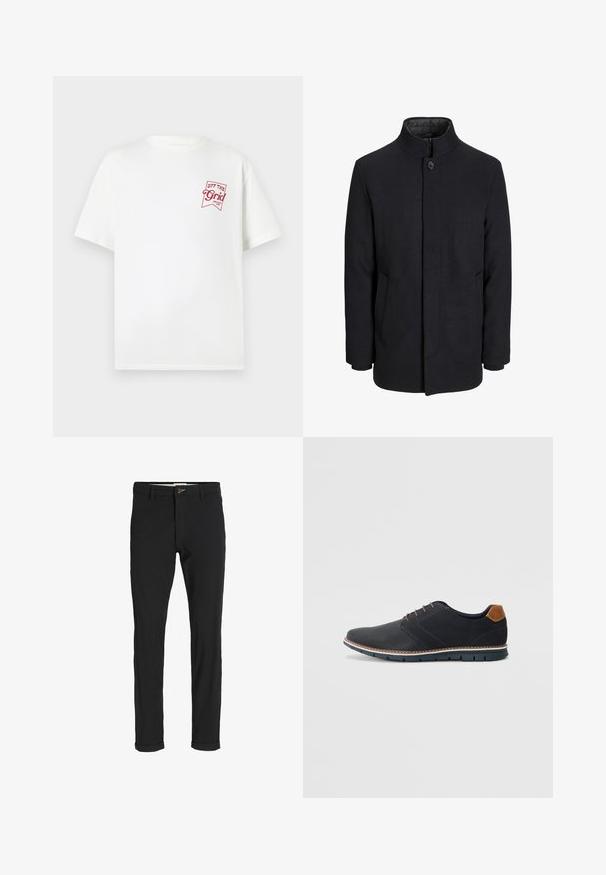 Meeste must villane mantel kõrge kraega, peidetud tõmblukk, ühe nööbiga kinnitamine ja küljetaskud.; Valge puuvillane T-särk lühikeste varrukatega, millel on punane logo, kus on kirjas "OFF THE Grid" vasakul rinna piirkonnas.; Mustast puuvillasegustest pükstest õhukese lõikega, milles on nööbikinnitus, taskud ja keeratud sääred, et saavutada lõdva lõppviimistluse.; Mustavad sünteetilised jalatsid tekstureeritud pealsega, siledad aktsendid, pruun kand ja kontrastne tall. Omab minimaalset lukkude ja õmbluste dekoratsiooni.