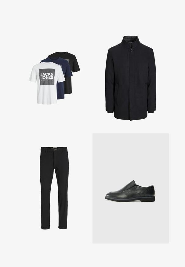 Abrigo de lana negro para hombre con cuello alto, cremallera oculta, cierre de un botón y bolsillos laterales.; Tres camisetas de manga corta en blanco, azul marino y negro. Cada una presenta un diseño gráfico de forma cuadrada con el texto "JACK & JONES" en negrita.; Pantalones de mezcla de algodón negros con corte ajustado, que presentan un cierre de botón, bolsillos y puños enrollados para un acabado casual.; Zapato negro de cuero sin cordones con un upper suave, detalles de costura, punta redonda y un bajo tacón de goma. La suela presenta una tracción mínima.