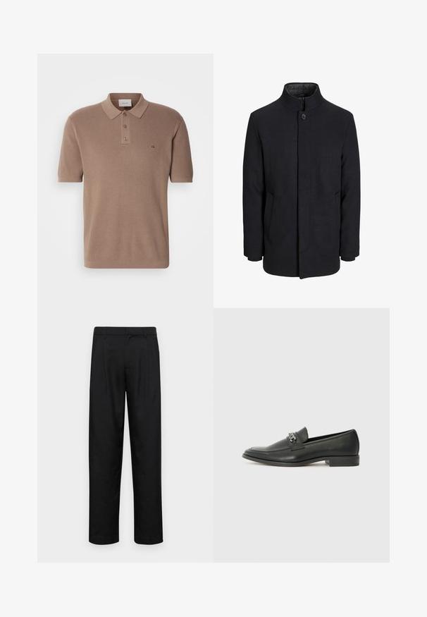 Cappotto da uomo in lana nera con colletto alto, zip nascosta, chiusura a un bottone e tasche laterali.; Polo a maniche corte color marrone chiaro, realizzato in tessuto testurizzato. Presenta un colletto classico e una chiusura con tre bottoni. Logo CK ricamato.; Pantaloni neri realizzati in tessuto liscio, caratterizzati da un taglio dritto, due pieghe frontali e una vita standard con passanti per la cintura.; Mocassino in pelle nera con finitura liscia, caratterizzato da un design cucito e da un accento decorativo in catena metallica sul vamp. Tacco piatto.