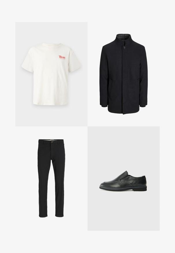 Męski czarny wełniany płaszcz z wysokim kołnierzem, ukrytym zamek błyskawicznym, zapięciem na jeden guzik oraz bocznymi kieszeniami.; Biała bawełniana koszulka z krótkim rękawem, z czerwoną grafiką "SERWIS NAPRAWY BASENÓW" na lewej piersi.; Czarne spodnie z bawełnianego materiału w slim fit, z zapięciem na guzik, kieszeniami i podwiniętymi mankietami, co nadaje im swobodny charakter.; Czarne skórzane buty wsuwane z gładką cholewką, przeszyciami, okrągłym noskiem i niskim gumowym obcasem. Podeszwa ma minimalny bieżnik.