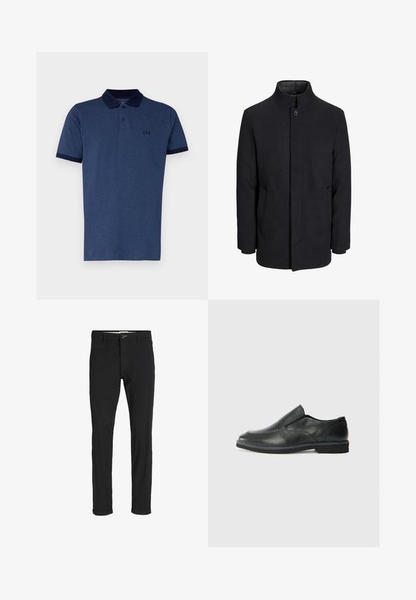 Men's svart ullfrakk med høy krage, skjult glidelås, en knapp lukking og sidelommer.; GAP LOGO - Poloskjorter - blue; Svart bomullsblandingsbukser med smal passform, med knappelukking, lommer og rullede mansjetter for en avslappet finish.; Sorte skinn slip-on sko med en jevn overflate, stikking detaljer, rund tå og en lav gummihæl. Sålen har minimal mønstring.