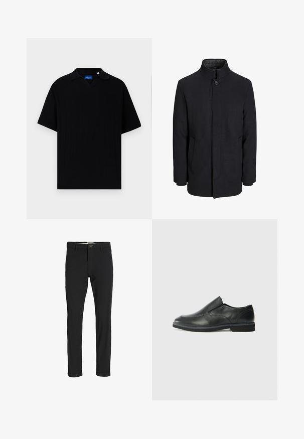 Men's svart ullfrakk med høy krage, skjult glidelås, en knapp lukking og sidelommer.; Svart kortermet polo med V-hals, med ribbestruktur og subtile vertikale striper. Lappen er plassert inne i halsområdet.; Svart bomullsblandingsbukser med smal passform, med knappelukking, lommer og rullede mansjetter for en avslappet finish.; Sorte skinn slip-on sko med en jevn overflate, stikking detaljer, rund tå og en lav gummihæl. Sålen har minimal mønstring.