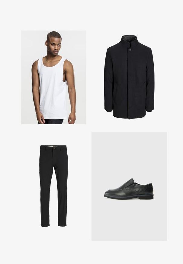 Men's black wool coat with high collar, concealed zipper, single button closure, and side pockets.; White sleeveless cotton tank top with a round neck, relaxed fit, and side seams. Smooth texture, standard length, suitable for casual wear.; Black cotton blend pants with a slim fit, featuring a button closure, pockets, and rolled cuffs for a casual finish.; Black leather slip-on shoe with a smooth upper, stitched accents, rounded toe, and a low rubber heel. Sole features minimal tread.