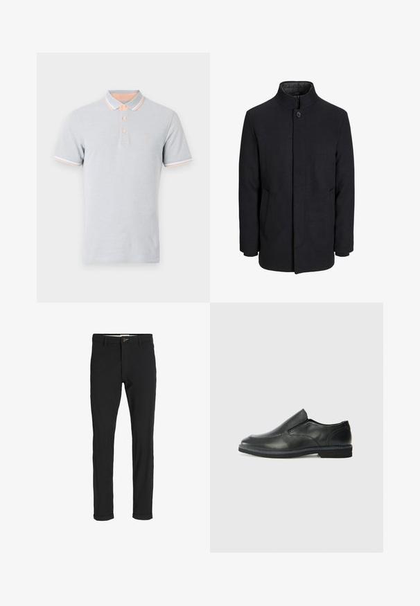 Meeste must villane mantel kõrge kraega, peidetud tõmblukk, ühe nööbiga kinnitamine ja küljetaskud.; Helehall polo särk, lühikeste varrukatega, virsikuvärvi krae ja mansetid valgete aktsentidega, kolm nuppu, tikanditud logo rinnal.; Mustast puuvillasegustest pükstest õhukese lõikega, milles on nööbikinnitus, taskud ja keeratud sääred, et saavutada lõdva lõppviimistluse.; Must musta laia suuga king, millel on sile ülemine osa, õmmeldud detailid, ümmargune nina ja madal kummist konts. Tallal on minimaalne mustr.