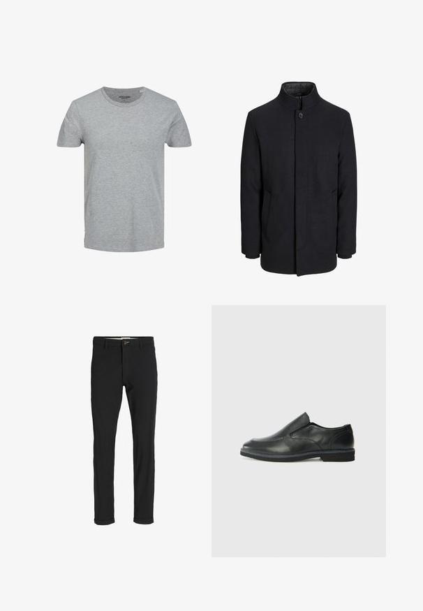 Miestenský čierny vlnený kabát s vysokým golierom, skrytým zipsom, jedným gombíkom na zapínanie a bočnými vreckami.; Harmaa lyhythihainen T-paita, joka on valmistettu pehmeästä puuvillasta. Ominaisuuksiin kuuluu klassinen pyöreä kaula-aukko ja normaali istuvuus. Yksinkertainen muotoilu ilman kuvioita tai aksentteja.; Mustat puuvillasekoitehousut, joissa on slim fit -leikkaus, napitus, taskut ja käärityt lahkeet rentoa ilmettä varten.; Musta nahkainen liukujalkine, jossa on sileä pinta, ommeltuja yksityiskohtia, pyöristetty kärki ja matala kumipohja. Pohjassa on minimaalinen pito.