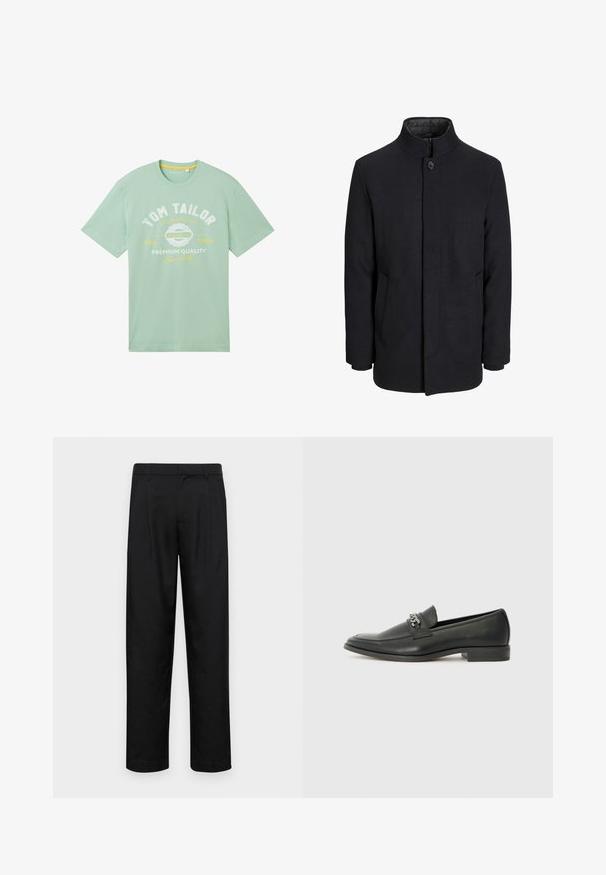 Svart ullrock för män med hög krage, dold dragkedja, singel knappstängning och sidofickor.; TOM TAILOR LOGO  - T-shirt med print - paradise mint; Svarta byxor i slät väv, med rak ben-design, två framfickor och standardmidja med bälteshällor.; Svart läderloafers med en slät yta, med en sydd design och en dekorativ metallkedjeaccent över västen. Platt häldesign.