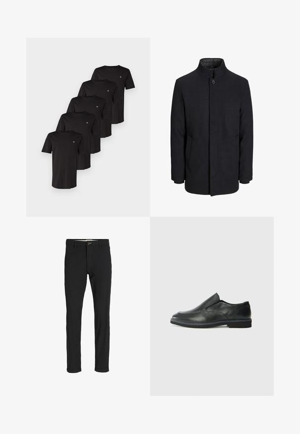 Pánský černý vlněný kabát s vysokým límcem, skrytým zipem, zapínáním na jeden knoflík a bočními kapsami.; Černé bavlněné trička s krátkými rukávy, kulatým výstřihem a malým logem na levé hrudi, vystavená ve skladu pěti kusů.; Černé kalhoty z bavlněné směsi s úzkým střihem, s knoflíkovým zapínáním, kapsami a ohrnutými manžetami pro uvolněný vzhled.; Černá kožená nazouvací bota s hladkým svrškem, prošívanými detaily, zaoblenou špičkou a nízkým gumovým podpatkem. Podešev má minimální vzorek.