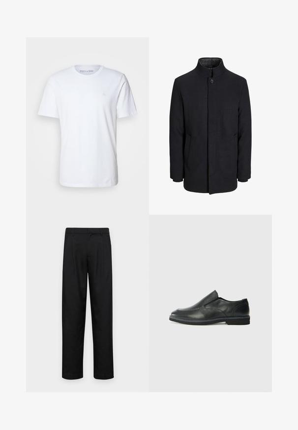 Men's black wool coat with high collar, concealed zipper, single button closure, and side pockets.; Short-sleeve white t-shirt made of cotton. Features a crew neckline and a small embroidered logo on the left chest area.; Black trousers made of smooth fabric, featuring a straight-leg design, two front pleats, and standard waistband with belt loops.; Black leather slip-on shoe with a smooth upper, stitched accents, rounded toe, and a low rubber heel. Sole features minimal tread.