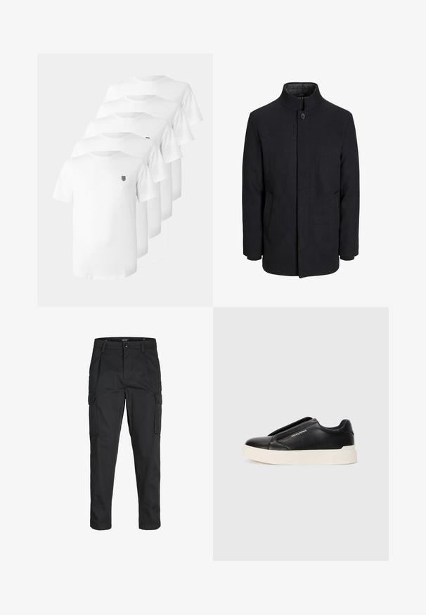 Vīriešu melns vilnas mētelis ar augstu apkakli, slēptu rāvējslēdžu, vienu pogu aizdari un sānu kabatām.; Baltas kokvilnas t-krekli ar apaļu kaklu, īsām piedurknēm un mazu melnu emblēmu uz krūtīm. Pieci krekli izstādīti sakārtotā kaudze.; Melnas kravas bikses, izgatavotas no izturīga auduma, ar vairākiem kabatām, pogu aizdari un šaura piegriezuma dizainu ar sašaurinātiem kāju apakšiem.; Melna slip-on kedu ar teksturētu ādas augšdaļu, baltu gumijas zoli un bez redzamām šņorcēm. Uz sāna ir zīmola logo.