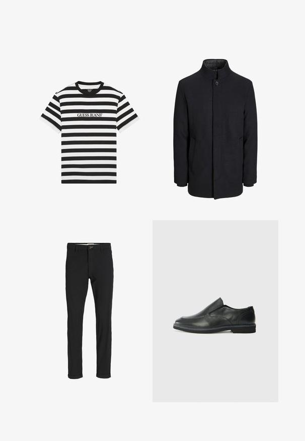 Muški crni vuneni kaput s visokim ovratnikom, skrivenim patentnim zatvaračem, jednim gumbom za zatvaranje i bočnim džepovima.; Majica s crno-bijelim prugama izrađena od pamuka, s okruglim izrezom i izvezenim logotipom "GUESS JEANS" sprijeda.; Crne hlače od pamuka sa slim fit krojem, s kopčanjem na dugme, džepovima i zavrnutim rukavima za ležeran izgled.; Crne kožne cipele na sklapanje s glatkom gornjom površinom, prošivenim detaljima, zaobljenim vrhom i niskim gumene potplate. Potplat ima minimalne uzorke.