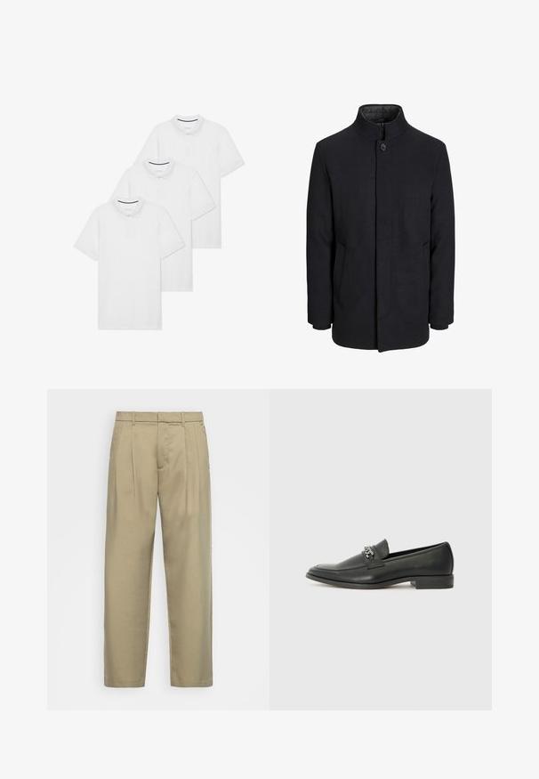 Vīriešu melns vilnas mētelis ar augstu apkakli, slēptu rāvējslēdžu, vienu pogu aizdari un sānu kabatām.; Trīs vienkārši balti polo krekli ar apkakli, īsām piedurknēm, pogu slēgšanu un mazu tumši zilu akcentu apkakles iekšpusē.; Bēša, augstās jostas bikses ar taisnu piegriezumu, ar plakanu priekšpusi, sānu kabatām un gludu, teksturētu audumu.; Melna ādas loafer izmēra apavi ar gludu virsmu, piedāvā ar šūtu dizainu un dekoratīvu metāla ķēdes akcentu pār vampu. Plakana papēža daļa.