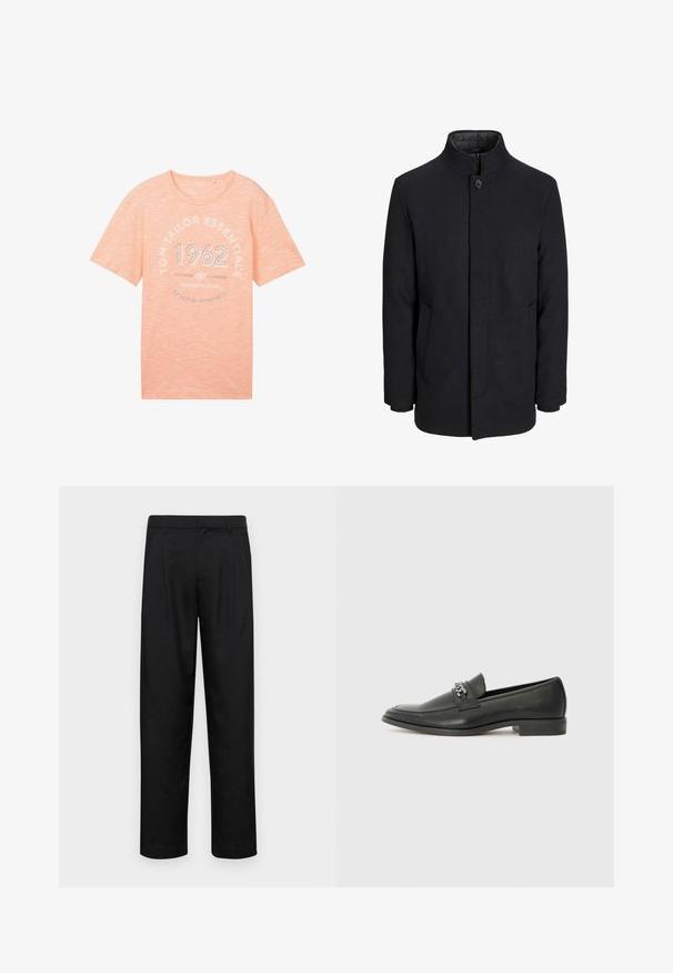Men's black wool coat with high collar, concealed zipper, single button closure, and side pockets.; Light peach short-sleeve T-shirt made of soft fabric. Features round neck and front graphic with "1962" and "TOM TAILOR ESSENTIALS" in gray.; Black trousers made of smooth fabric, featuring a straight-leg design, two front pleats, and standard waistband with belt loops.; Black leather loafer with a smooth finish, featuring a stitched design and a decorative metal chain accent across the vamp. Flat heel.