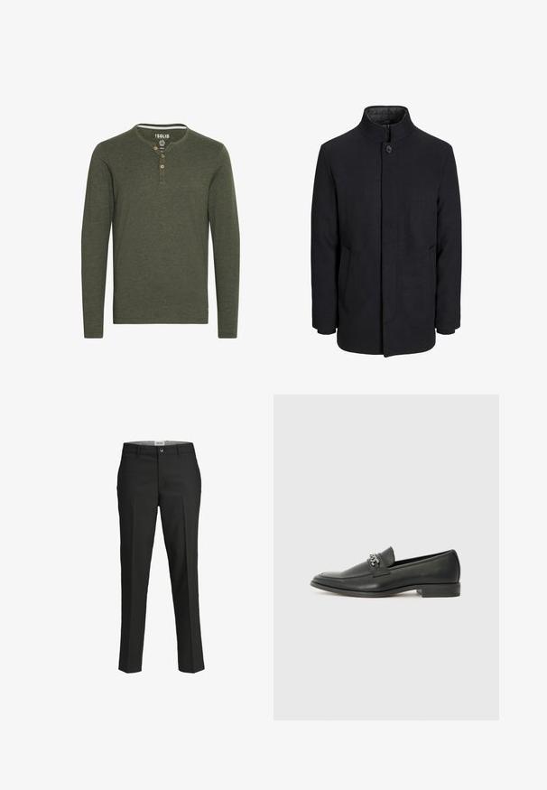 Moška črna volnena jakna z višjim ovratnikom, skritim zadrgo, enojnim gumbom za zapiranje in stranskimi žepi.; Solid SDVOLKO - Majica z dolgimi rokavi - olive; Črne hlače, krojene prilega, gladka tkanina, srednje visok pas, sprednja zaponka, diagonalne žepke in pregibna podrobnost vzdolž nog.; Črni usnjeni loafer z gladko površino, ki ima šivano zasnovo in dekorativni kovinski verižni naglas preko vampirja. Ravno peto.
