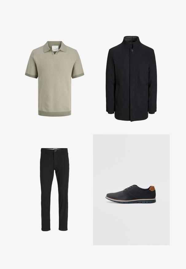 Meeste must villane mantel kõrge kraega, peidetud tõmblukk, ühe nööbiga kinnitamine ja küljetaskud.; Lühikeste varrukatega polo särk helesinises värvitoonis, millel on tekstuuriga kudumise muster, V-kaeluse ja soonikkoes varrukate ääred ning äär.; Mustast puuvillasegustest pükstest õhukese lõikega, milles on nööbikinnitus, taskud ja keeratud sääred, et saavutada lõdva lõppviimistluse.; Mustavad sünteetilised jalatsid tekstureeritud pealsega, siledad aktsendid, pruun kand ja kontrastne tall. Omab minimaalset lukkude ja õmbluste dekoratsiooni.