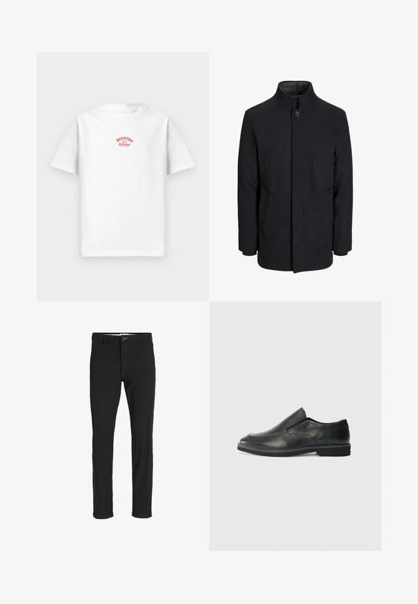 Men's black wool coat with high collar, concealed zipper, single button closure, and side pockets.; White cotton t-shirt featuring a red printed design that reads "Perdido en el paraíso" across the chest, short sleeves, relaxed fit.; Black cotton blend pants with a slim fit, featuring a button closure, pockets, and rolled cuffs for a casual finish.; Black leather slip-on shoe with a smooth upper, stitched accents, rounded toe, and a low rubber heel. Sole features minimal tread.