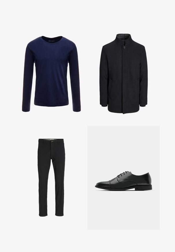 Zwart wollen mannenjas met hoge kraag, verborgen rits, sluiting met één knop en zijzakken.; Marineblauwe longsleeve T-shirt van zacht katoen, met een klassieke ronde hals en een gladde textuur zonder zichtbare patronen of accenten.; Zwarte katoenen broek van een katoenmix met een slim fit, voorzien van een knoopsluiting, zakken en opgerolde mouwen voor een casual afwerking.; Zwarte leren dresschoenen met een ronde neus, vetersluiting, subtiele stiksels en een lage hak. Glad oppervlak met gepolijste afwerking.