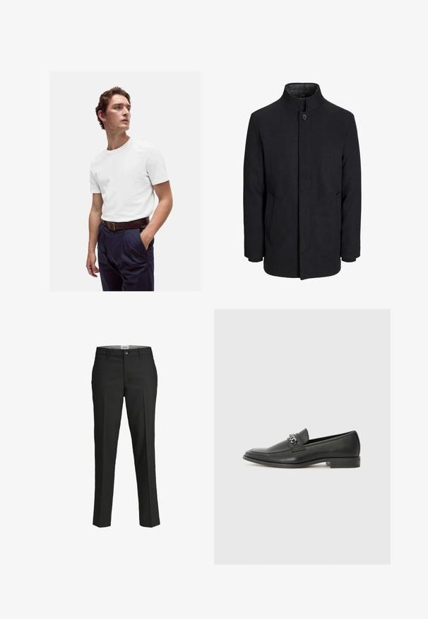 Zwart wollen mannenjas met hoge kraag, verborgen rits, sluiting met één knop en zijzakken.; Witte katoenen t-shirt met ronde hals, gedragen met marineblauwe geplooide broek en een bruine leren riem met een gouden gesp.; Zwarte broek, getailleerde pasvorm, gladde stof, middelhoge taille, sluiting met frontknop, diagonale zakken en plooien langs de benen.; Zwarte leren instapper met een gladde afwerking, voorzien van een gestikt ontwerp en een decoratieve metalen kettingaccent over de wreef. Platte hak.