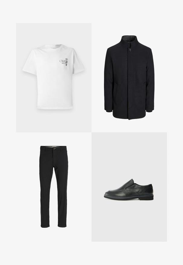 Muški crni vuneni kaput s visokim ovratnikom, skrivenim patentnim zatvaračem, jednim gumbom za zatvaranje i bočnim džepovima.; Bijela pamučna majica kratkih rukava, s printanim grafikama na lijevoj strani prsnog dijela. Dizajn uključuje tekst i naglaske palmi.; Crne hlače od pamuka sa slim fit krojem, s kopčanjem na dugme, džepovima i zavrnutim rukavima za ležeran izgled.; Crne kožne cipele na sklapanje s glatkom gornjom površinom, prošivenim detaljima, zaobljenim vrhom i niskim gumene potplate. Potplat ima minimalne uzorke.
