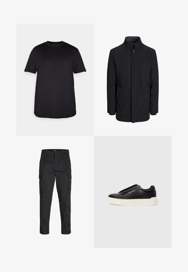 Men's black wool coat with high collar, concealed zipper, single button closure, and side pockets.; Black short-sleeve T-shirt made from soft cotton, featuring a round neckline and a relaxed fit, with no visible patterns or accents.; Black cargo pants made of sturdy fabric, featuring multiple pockets, a button closure, and a slim fit design with tapered legs.; Black slip-on sneaker with textured leather upper, white rubber sole, and no visible laces. Features brand logo on the side.