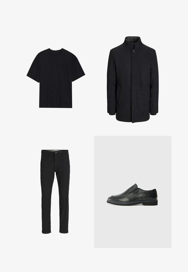 Vīriešu melns vilnas mētelis ar augstu apkakli, slēptu rāvējslēdžu, vienu pogu aizdari un sānu kabatām.; Melna īsām piedurknēm T-kreklā, kas izceļas ar smalku svītru tekstūru, brīvu piegriezumu un apaļu kakla izgriezumu. Mīksts materiāls bez redzamām logotipa. ; Melnas kokvilnas maisījuma bikses ar šauru piegriezumu, ar pogu aizdari, kabatām un rullētām piedurknēm ikdienišķam izskatam.; Melnas ādas slip-on kurpes ar gludu augšdaļu, izšūtām akcentiem, noapaļotu purngala daļu un zemu gumijas papēdi. Zole ar minimālu rakstu.