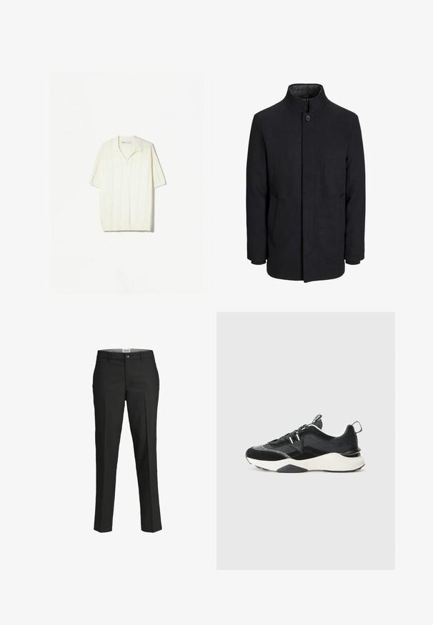 Moška črna volnena jakna z višjim ovratnikom, skritim zadrgo, enojnim gumbom za zapiranje in stranskimi žepi.; Pulover s kratkimi rokavi v kremni pletenini z navpičnimi črtami, sproščenim ovratnikom in ribanim robom za teksturo.; Črne hlače, krojene prilega, gladka tkanina, srednje visok pas, sprednja zaponka, diagonalne žepke in pregibna podrobnost vzdolž nog.; Črne športne copate, ki vključujejo mešanico semiša in mrežastih materialov, debele bele podplate in odsevne detajle. Zavezovanje z vezalkami in zanka za lažje obuvanje.