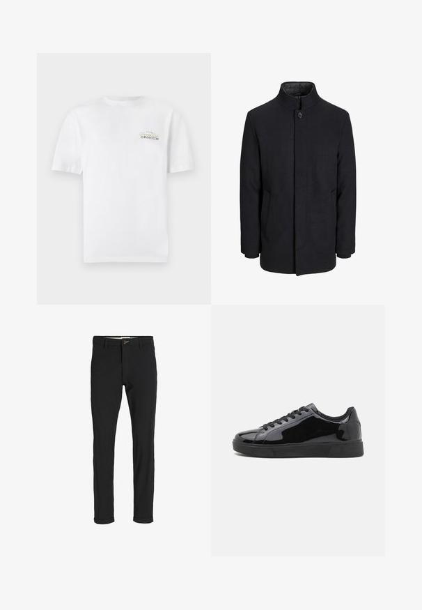 Manteau en laine noir pour homme avec col haut, fermeture éclair dissimulée, fermeture à un bouton et poches latérales.; T-shirt blanc en coton avec des manches courtes, un col rond et un petit logo imprimé en noir et or qui indique "Cancun."; Pantalons noirs en mélange de coton avec une coupe slim, dotés d'une fermeture à bouton, de poches et de revers pour une finition décontractée.; Baskets en cuir verni noir avec un bout rond, semelle en caoutchouc plate et lacets noirs. Texture lisse et brillante sur la surface supérieure.