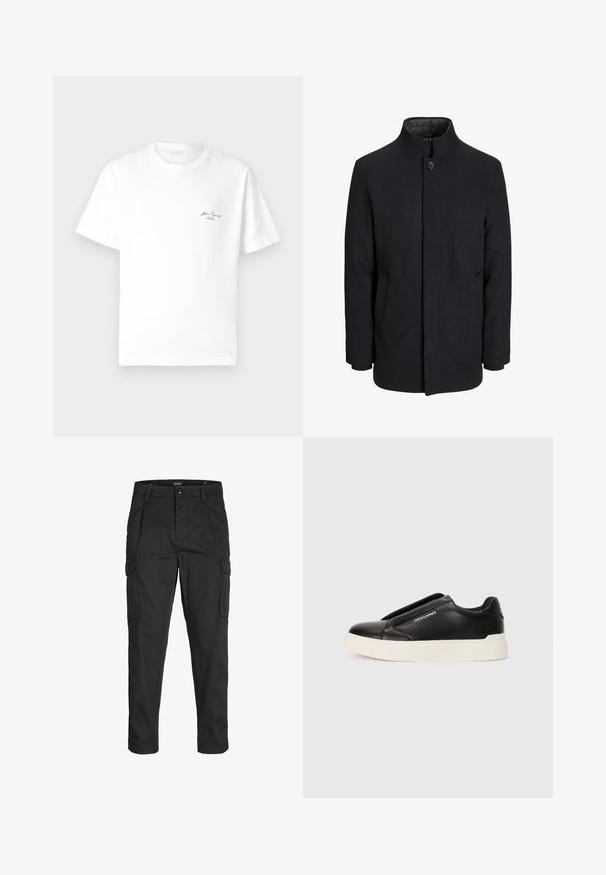 Miestenský čierny vlnený kabát s vysokým golierom, skrytým zipsom, jedným gombíkom na zapínanie a bočnými vreckami.; Valkoinen puuvillainen t-paita, jossa on pyöreä pääntie, lyhyet hihat ja pieni musta logo vasemmassa rintakehässä. Sujuva pinta.; Mustat cargo-housut, jotka on valmistettu kestävästä kankaasta. Housuissa on useita taskuja, nappisulku ja kapea istuvuus, jossa on kapenevat lahkeet.; Musta liukusneakeri, jossa on teksturoitu nahkapinta, valkoinen kumipohja ja ei näkyviä nauhoja. Sivulla on brändin logo.