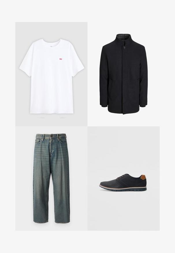 Moška črna volnena jakna z višjim ovratnikom, skritim zadrgo, enojnim gumbom za zapiranje in stranskimi žepi.; Bela bombažna majica s kratkimi rokavi in okroglim izrezom. Ima majhen rdeč logo Levi's na levem prsnem predelu. Ravna zasnova, brez vzorcev.; Svetlomoderne kavbojke z ohlapnim krojem, srednjim pasom in ravnimi nogami. Imajo pet žepov, zanke za pas in zapiranje na gumb.; Črne sintetične čevlje z teksturirano zgornjščino, gladkimi akcenti, rjavim petnim delom in kontrastnim podplatom. Imajo minimalno vezanje in detajle šivanja.