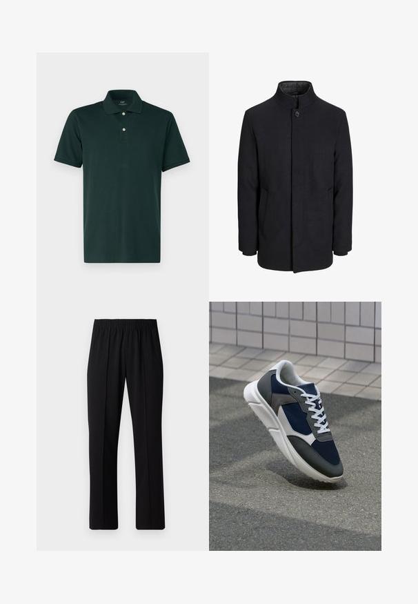 Moška črna volnena jakna z višjim ovratnikom, skritim zadrgo, enojnim gumbom za zapiranje in stranskimi žepi.; GAP Polo majica - essex green; Črne elastične hlače z ravnimi nogavicami, ki imajo gladko teksturo in brez vidnih vzorcev ali dodatkov.; Superge z zgornjim delom iz mrežaste tkanine v mornarsko modri barvi, sivi usnjeni poudarki, belo gumijasto podplato in ravnimi belimi vezalkami, zasnovane za udobje in zračnost.