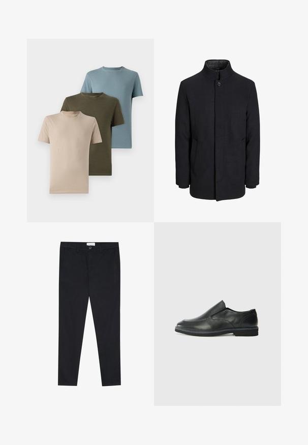 Pánský černý vlněný kabát s vysokým límcem, skrytým zipem, zapínáním na jeden knoflík a bočními kapsami.; Tři trička s krátkým rukávem v béžové, olivově zelené a světle modré barvě, vyrobená z měkké tkaniny s kulatým výstřihem a jednoduchým designem.; Černé kalhoty se střihovým designem rovného nohavice, vyrobené z bavlněné tkaniny. Obsahují dvě přední kapsy a zapínání na knoflík v pase.; Černá kožená nazouvací bota s hladkým svrškem, prošívanými detaily, zaoblenou špičkou a nízkým gumovým podpatkem. Podešev má minimální vzorek.