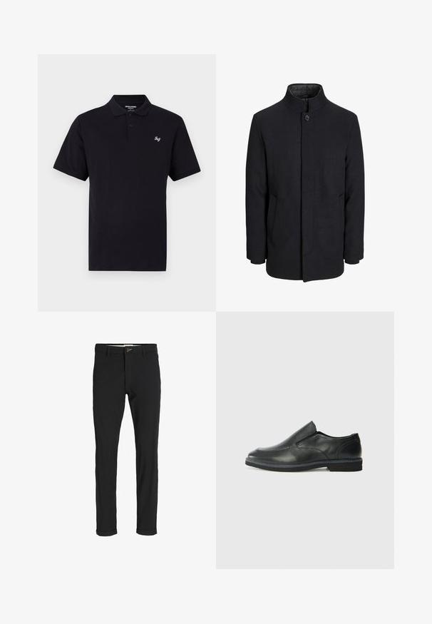 Pánsky čierny vlnový kabát s vysokým golierom, skrytým zipsom, jedným gombíkom a bočnými vreckami.; Čierna polokošeľa z bavlny. Obsahuje klasický golier, zapínanie na tri gombíky a malé vyšívané logo na ľavom prsníku. Krátke rukávy.; Čierne nohavice z bavlneného zmesi so štíhlym strihom, s gombíkovým zapínaním, vreckami a založenými manžetami pre ležérny vzhľad.; Čierny kožený nazúvací topánka s hladkým zvrškom, prešitými akcentmi, zaoblenou špičkou a nízkym gumovým podpätkom. Podošva má minimálny dezén.