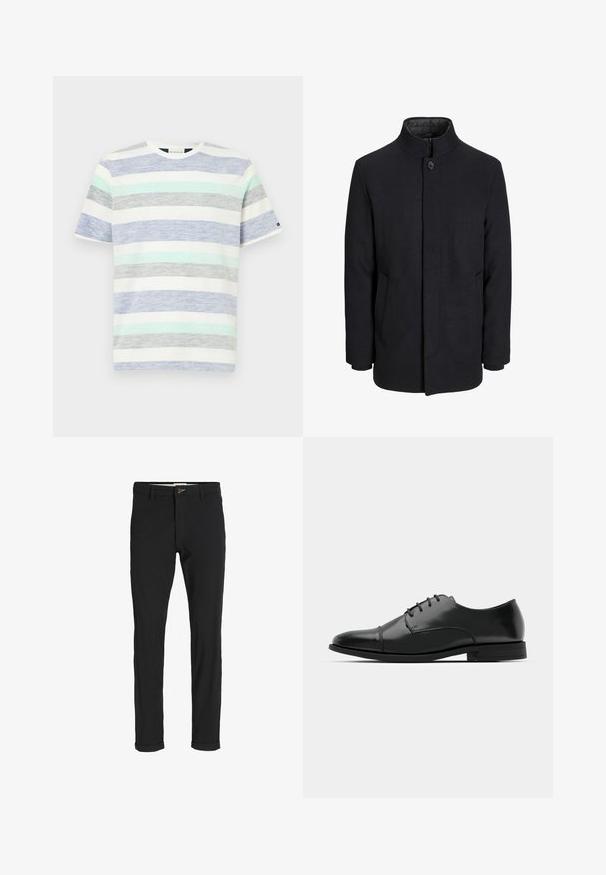 Herre sort uldfrakke med høj krave, skjult lynlås, enkelt knaplukning og sidelommer.; Striped t-shirt i hvid, med vandrette striber i lyseblå, mintgrøn, grå og mørkeblå. Kortærmet og med rund hals.; Sorte bomuldsblandede bukser med slim fit, der har en knaplukning, lommer og opbrugte stumper for et afslappet udtryk.; Sort læder dress-sko med rund tå, snørebåndsdesign, diskrete syninger og lav hæl. Glat tekstur med poleret finish.