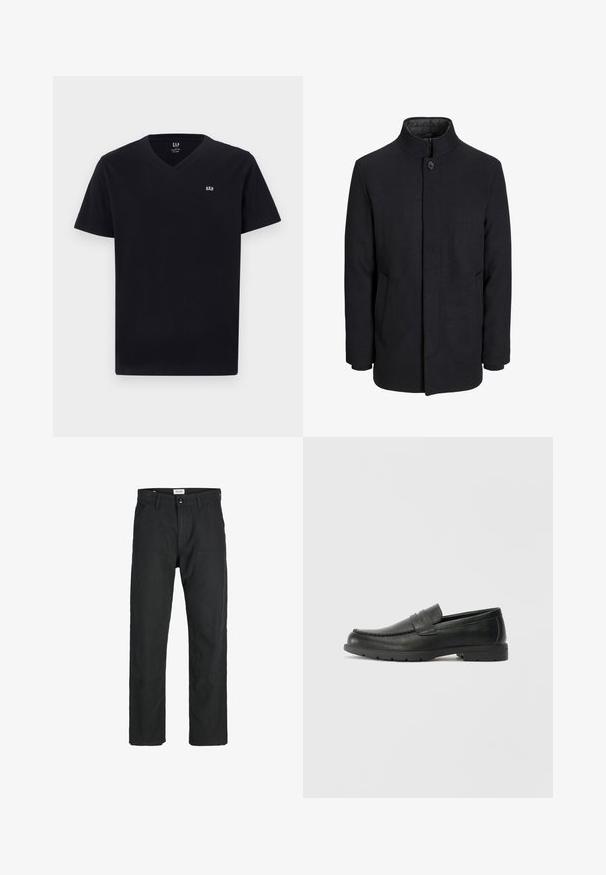 Meeste must villane mantel kõrge kraega, peidetud tõmblukk, ühe nööbiga kinnitamine ja küljetaskud.; Mustvalge puuvillane t-särk V-kaelusega, lühikeste varrukatega ja vasakul rinnal väikese valge tikandiga logoga. Sile tekstuur, klassikaline lõige.; Mustad mustad, mis on valmistatud vastupidavast kangast, sirge jala disainiga, õmmeldud detailidega ja kahe eesmise taskuga funktsionaalsuse jaoks.; Musthave nahkkingad siledast nahast, mokassiini stiilis ülevalt, tikanditega ja kummist tallaga. Klassikaline disain madala kontsaga.