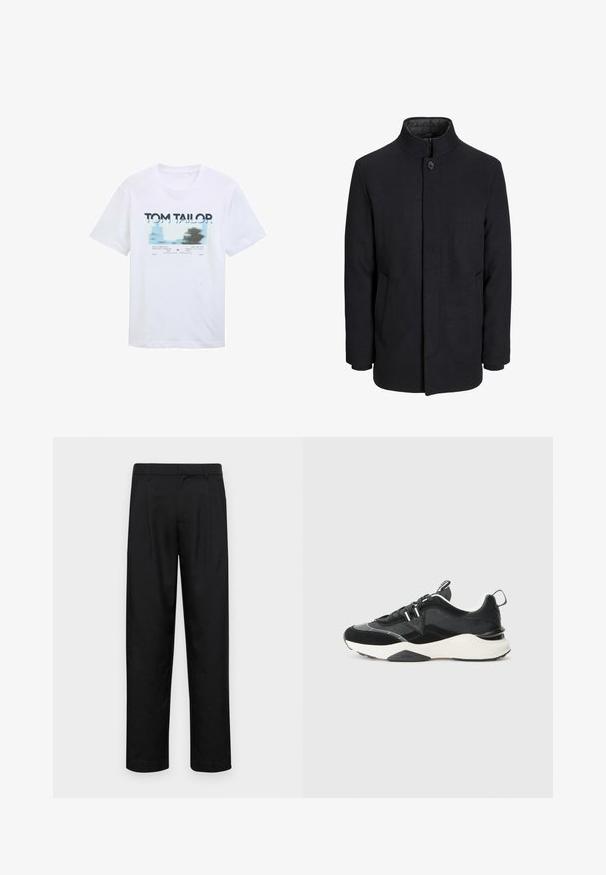 Moška črna volnena jakna z višjim ovratnikom, skritim zadrgo, enojnim gumbom za zapiranje in stranskimi žepi.; Bela bombažna majica z modrim in črnim grafičnim potiskom ter napisom. Kratke rokave in okroglo izrezom, sproščen kroj.; Črne hlače iz gladkega materiala, s krojem ravne noge, dvema sprednjima pregiboma in standardnim pasom z zankami za pas.; Črne športne copate, ki vključujejo mešanico semiša in mrežastih materialov, debele bele podplate in odsevne detajle. Zavezovanje z vezalkami in zanka za lažje obuvanje.