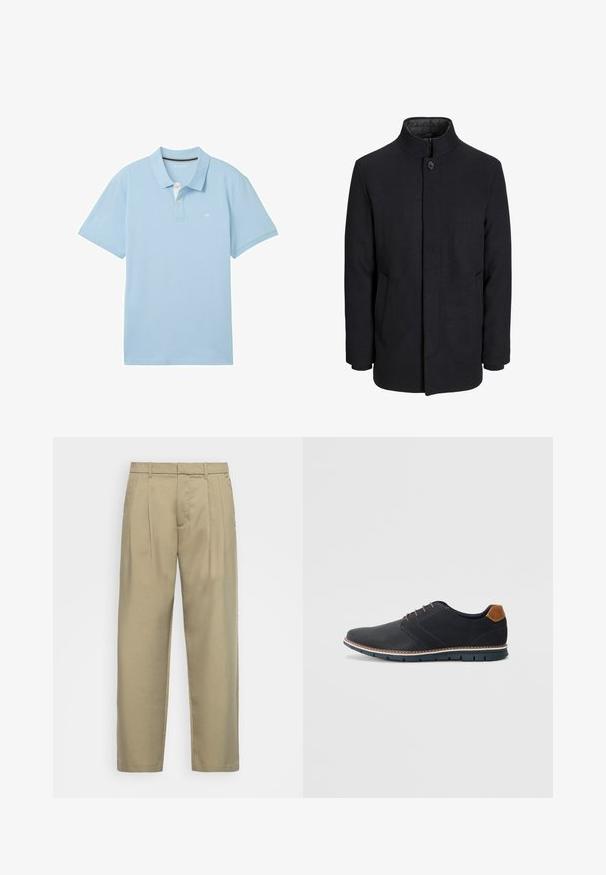 Meeste must villane mantel kõrge kraega, peidetud tõmblukk, ühe nööbiga kinnitamine ja küljetaskud.; Helehelesinine polo-särk on valmistatud siledast kangast. Omab klassikalist kraed, lühikesi varrukaid ja väikest logot vasakul rinnal.; Beežid, kõrge vöökoht ja sirge lõikega püksid, millel on lame esiosa, küljetaskud ja sile, tekstuuriga kangas.; Mustavad sünteetilised jalatsid tekstureeritud pealsega, siledad aktsendid, pruun kand ja kontrastne tall. Omab minimaalset lukkude ja õmbluste dekoratsiooni.